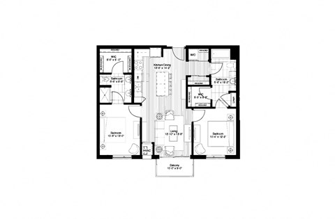 Floor plan for 2 beds, 2 baths, 1039 sqft